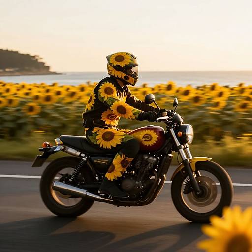 Photograph of a motorcyclist in sunflower-patterned gear and helmet riding a black motorcycle through a sunflower field at sunset.
