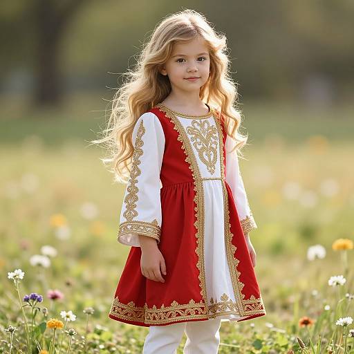 Photograph of a blonde, fair-skinned young girl with wavy hair, wearing a red and white embroidered dress, standing in a sunlit me