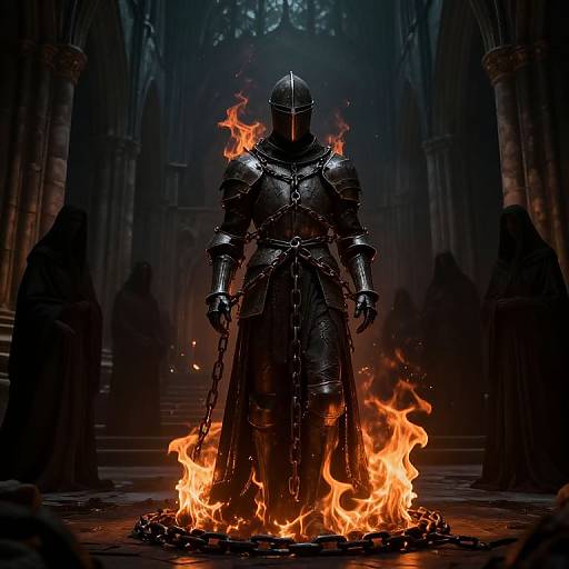 Photorealistic digital artwork of a hooded, armored knight standing in a fiery circle, surrounded by dark, gothic cathedral architecture.