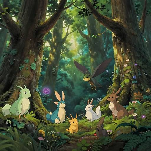 Whimsical forest scene: colorful, cute rabbits and a flying fairy with large wings, surrounded by lush greenery, flowers, and towering trees.