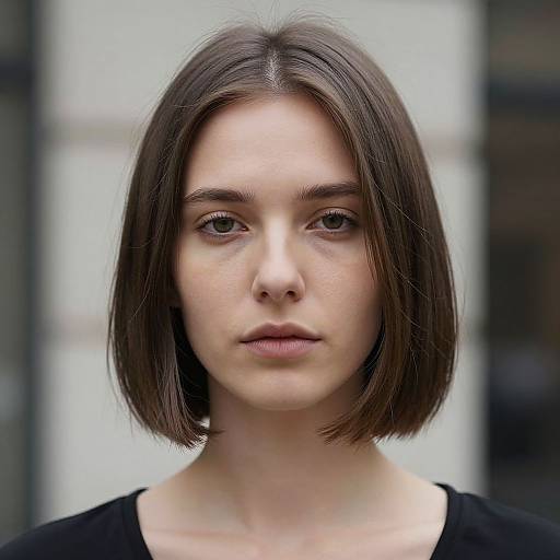 Photograph of a young woman with fair skin, straight dark brown bob haircut, and neutral expression, wearing a black top, against a blurred urban background