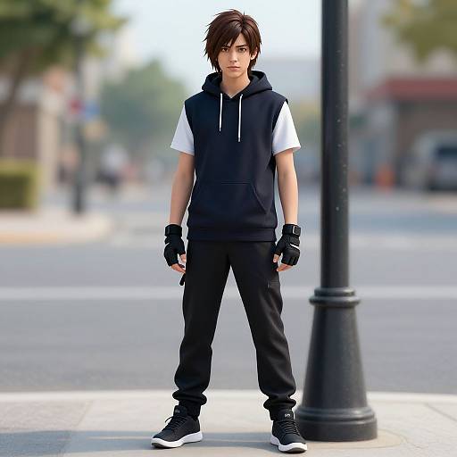 Photorealistic CGI of a young man with tousled brown hair, wearing a black sleeveless hoodie, white shirt, black pants, and gloves,