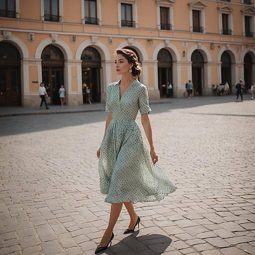 Woman in Polka Dot Dress Walking on Sunlit Piazza