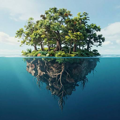 Photorealistic CGI image of a small, tree-covered island with visible roots and reflection in clear blue water under a bright sky.