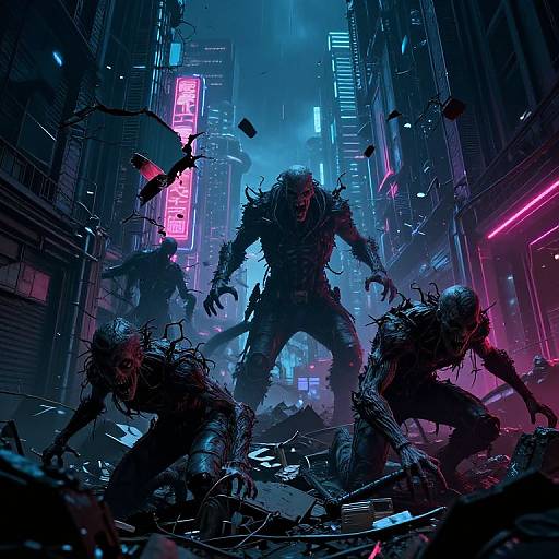 Cyberpunk city street at night, neon lights, three monstrous, tentacled creatures with dark, textured skin, standing menacingly, debris scattered