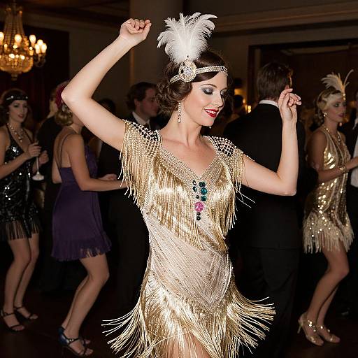 Photograph of a glamorous woman in a fringed, gold, 1930s-style dance dress with white feather headpiece, dancing in a dim
