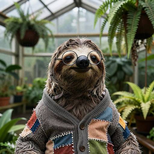 Rain-Soaked Greenhouse Sloth in Patchwork Cardigan