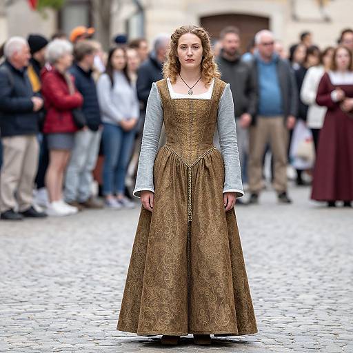 Photograph of a young woman with curly blonde hair, wearing a medieval-style brown dress with intricate patterns over a grey long-sleeve shirt, standing