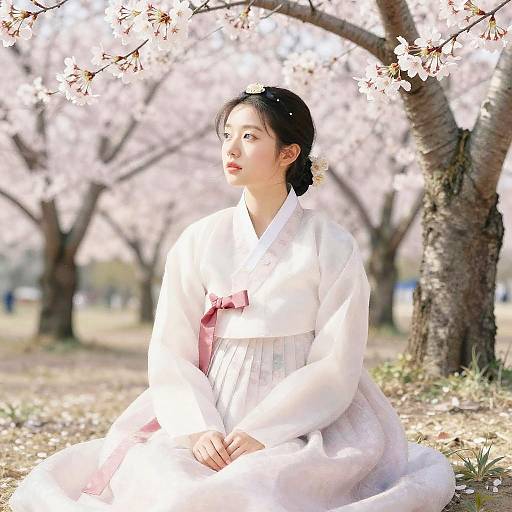 Serene Korean Hanbok in Cherry Blossoms