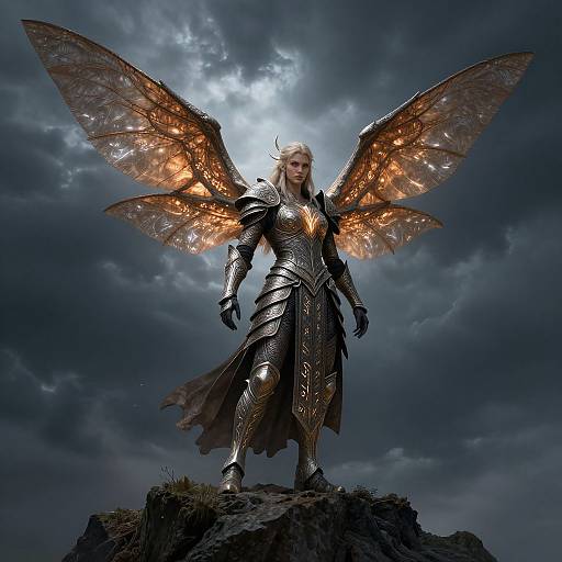 Digital artwork of a regal, armored angel with glowing, iridescent wings, standing on a rocky peak against a stormy sky.