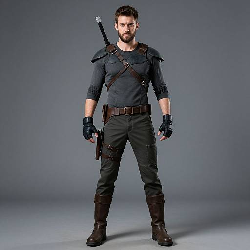 Photograph of a muscular, bearded man in dark tactical gear, black gloves, brown boots, and a sheathed sword on his back. Gray
