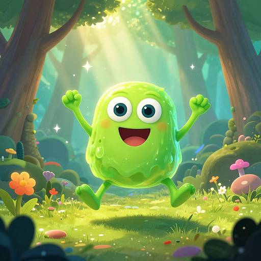 Vibrant, CGI cartoon green slime creature with big eyes and open mouth, raising arms in a sunny, enchanted forest with colorful flowers and glowing light