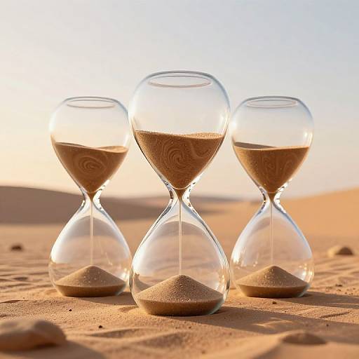 Photograph of three glass hourglasses with sand on a sunlit desert, each partially filled, casting gentle reflections on the sand.