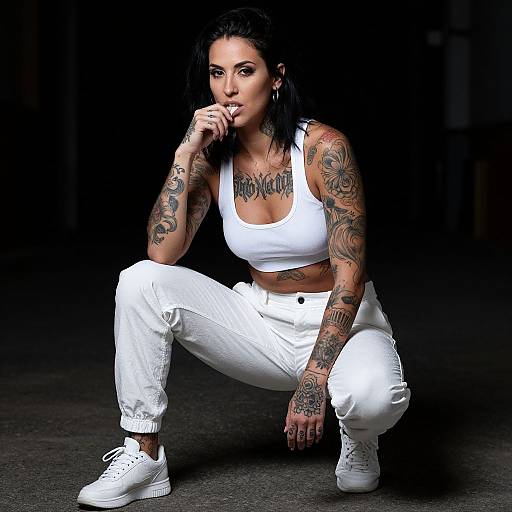 Photograph of a tattooed woman with black hair, wearing a white crop top and pants, crouching with hand to mouth, in a dark