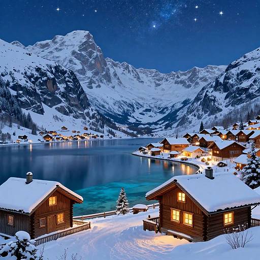 Photograph of a snowy mountain village at night, with illuminated wooden chalets by a reflective lake, under a starry sky.