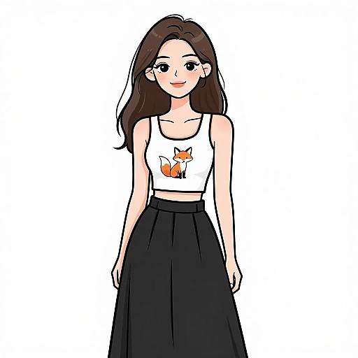 Digital drawing of a smiling young woman with long brown hair, wearing a white tank top with a fox print, and a black high-waisted skirt