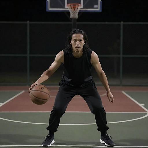 Muscular Player Dribbling on Night Court