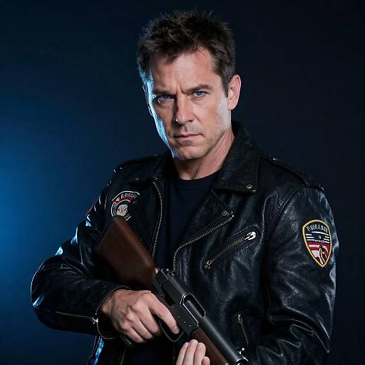 Blue Backlit Gunman in Leather Jacket