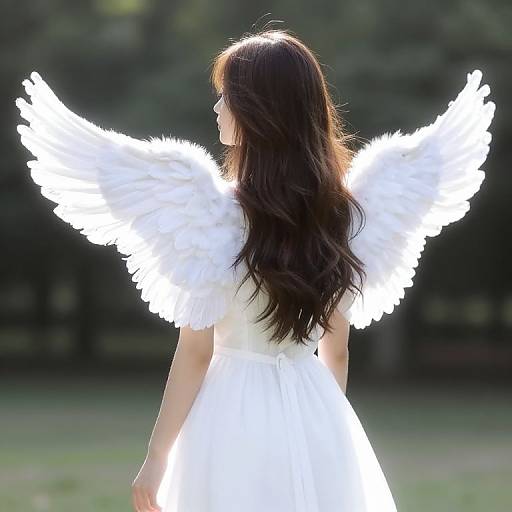 Photograph of a woman with long brown hair, white angel wings, and a white dress, standing in a sunlit, blurred green park.