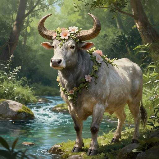 Digital painting of a white, horned cow standing in a sunlit forest stream, adorned with a flower crown, surrounded by lush greenery.