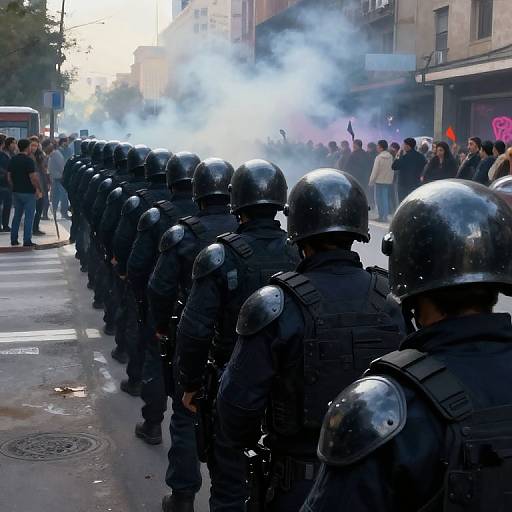 Photograph of a line of black-clad riot police in helmets and armor, with smoke in the background, facing a crowd on a city street.