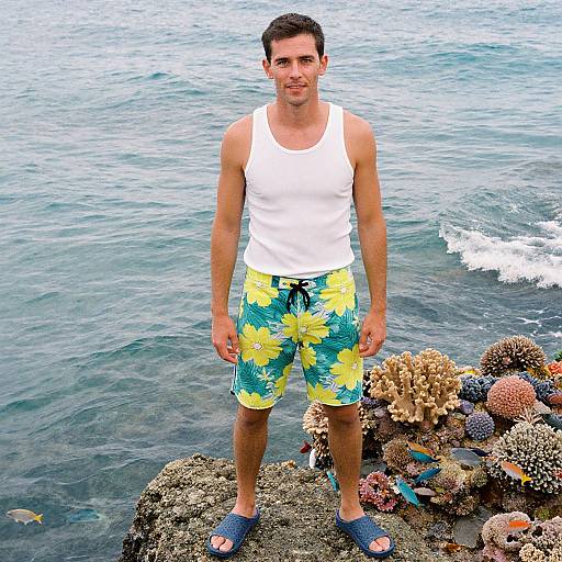 Photograph of a smiling, muscular man with short dark hair, wearing a white tank top, yellow floral swim trunks, and blue sandals, standing