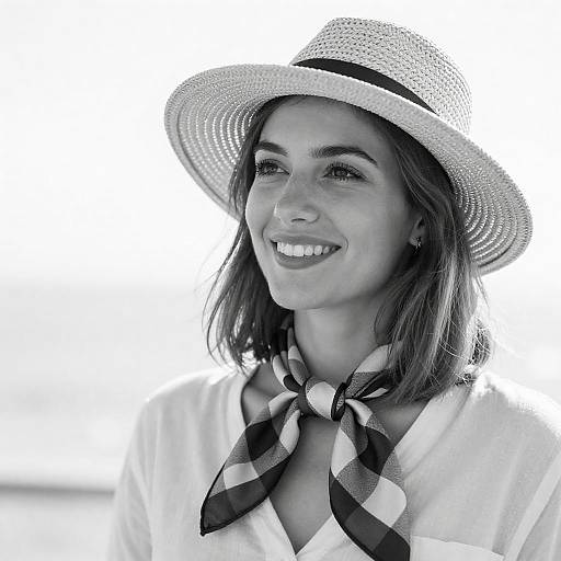 Smiling Woman in Straw Hat and Checkered Scarf