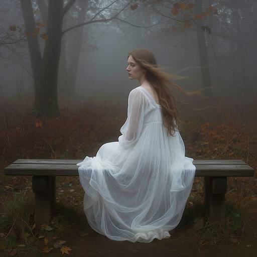 Photograph of a fair-skinned woman with long brown hair in a flowing white, sheer dress, seated on a wooden bench in a misty,