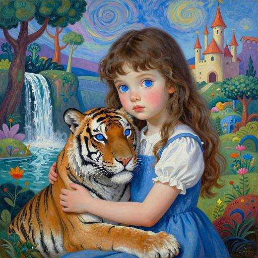 Surreal Girl Embracing Albino Tiger