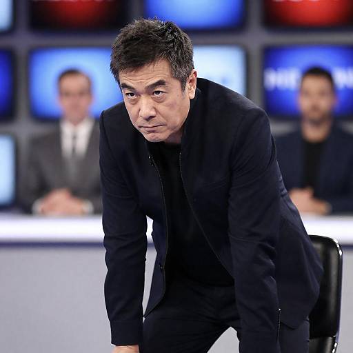 Focused Man in Bright TV Studio