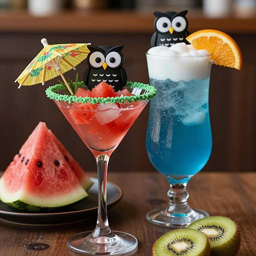Vibrant Cocktail Scene with Owls