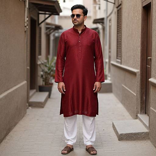 Photograph of a South Asian man with dark hair and beard, wearing a red kurtah, white pants, brown sandals, and sunglasses, standing