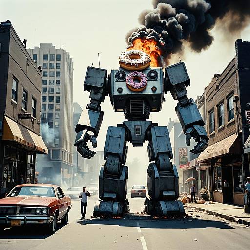 Giant Robot Eating Donuts on City Street