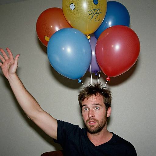 Photograph of a surprised, bearded man with spiky brown hair, wearing a black t-shirt, holding colorful balloons (blue, red, yellow