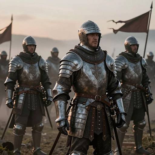 Photograph of medieval knights in shiny silver armor, standing in formation with flags, misty background, and dawn light. Front knight focuses intensely.