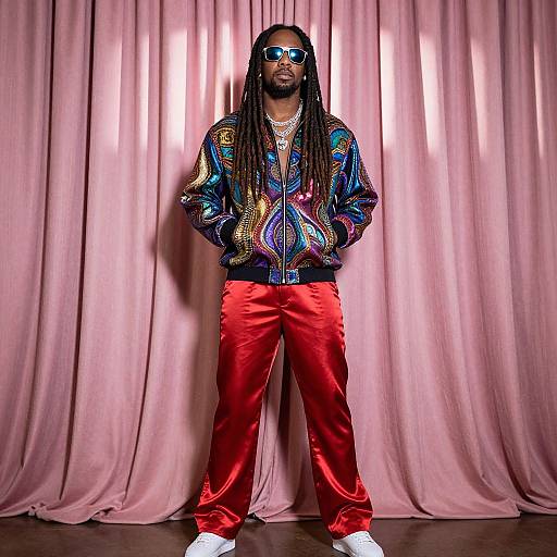 Photograph of a black man with long dreadlocks, wearing mirrored sunglasses, colorful psychedelic jacket, red satin pants, and white sneakers, standing against pink