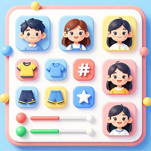Digital illustration of a colorful children's game grid with six cartoon girl heads, various clothes, and toys, set against a light blue background.