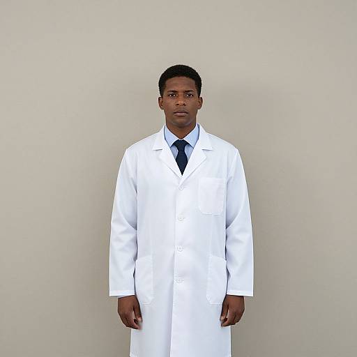 Photograph of a serious-looking Black man with short curly hair, wearing a white lab coat, black tie, and white shirt, standing against a plain