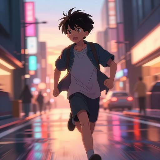 Anime-style digital artwork of a young boy with black hair, wearing a blue jacket and white shirt, running through a neon-lit, rain-soaked