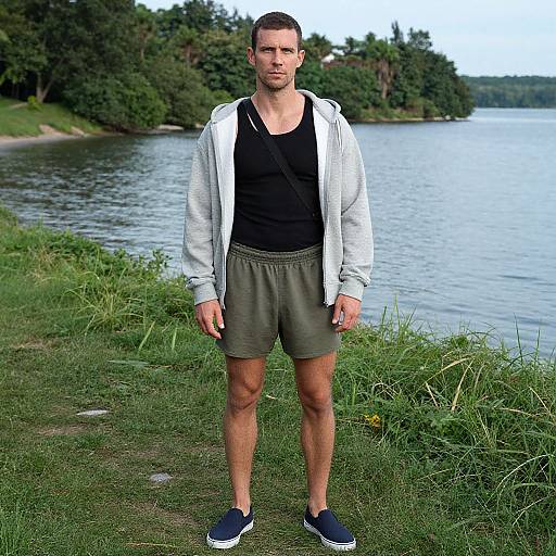 Photograph of a fit, short-haired man standing by a lake, wearing a white hoodie, black tank top, gray shorts, and blue sneakers,