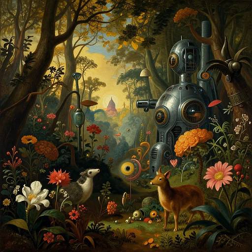 Digital illustration of a whimsical forest with a steampunk robot, birds, and a fox among vibrant flowers and tall trees, illuminated by a sun