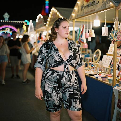 Photograph of a plus-sized woman with fair skin, dark curly hair, wearing a black and white patterned, tied-front romper, standing at