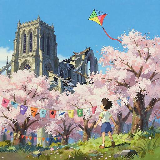 Paper Kite Over Cherry Blossom Cathedral