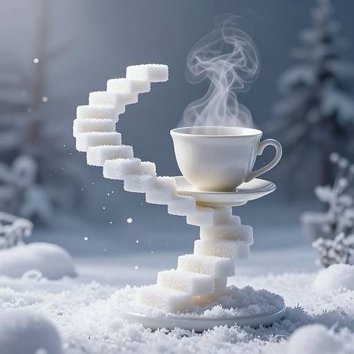 Photograph of a white teacup with steam, on a snowflake-shaped, snow-covered stand, in a snowy, wintry forest background.