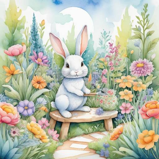 Whimsical Rabbit Artist in a Vibrant Garden Whimsical Rabbit Artist in a Vibrant Garden