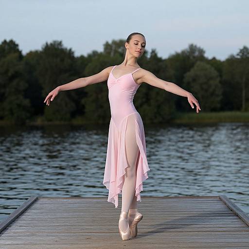 Photograph of a ballet dancer in a pink tutu and pointe shoes, balancing on a wooden dock by a calm lake, with trees in the