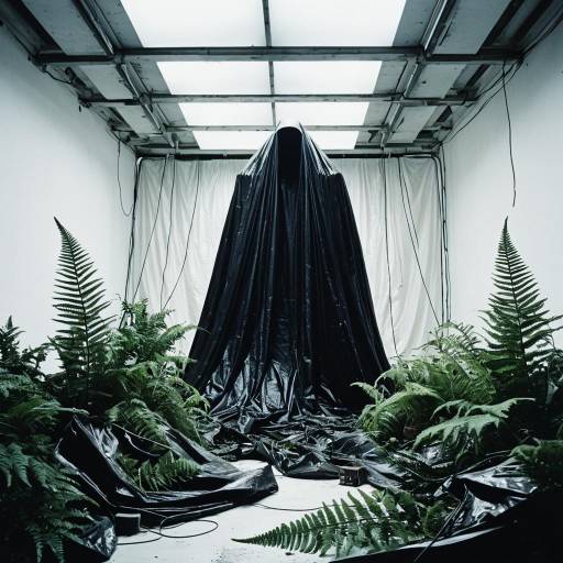 Abstract Figure Draped in Black with Ferns