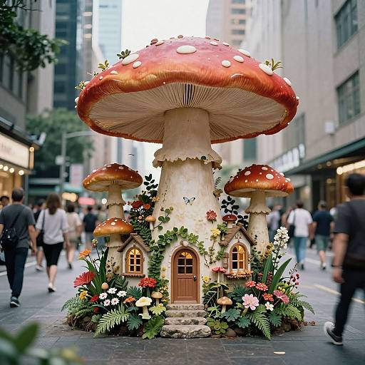 Photograph of whimsical giant red-spotted mushrooms with fairy houses, surrounded by flowers and greenery, in a bustling urban street.
