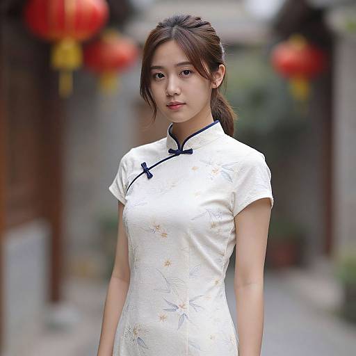 Photograph of an East Asian woman with fair skin, brown hair in a side ponytail, wearing a white floral cheongsam, standing outdoors with
