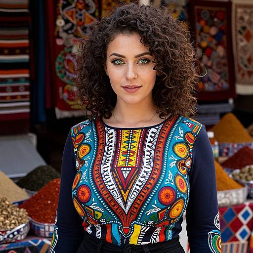 Photograph of a curly-haired woman with green eyes, wearing a colorful, patterned, long-sleeve top, standing in front of a vibrant